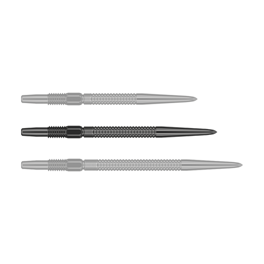Target Swiss Point Nano Dartspitzen - Black Das Bild zeigt drei schwarze Dartspitzen des Produkts "Target Swiss Point GRD Black Dartspitzen". Sie sind nebeneinander angeordnet und haben eine strukturierte Oberfläche.
