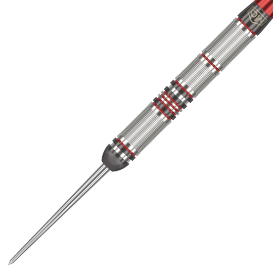Fléchettes en acier DW Piranha Razor 01 Das Bild zeigt einen DW Piranha Razor 01 Steeldart. Der Dartpfeil ist silbern mit roten Akzenten und hat eine feine Griffstruktur.