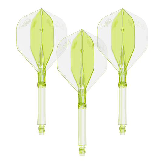 Das Foto zeigt ein Set Dart Flights in Neon-Gelb, große Größe. Die Flights sind für das L-Style L-System geeignet.
