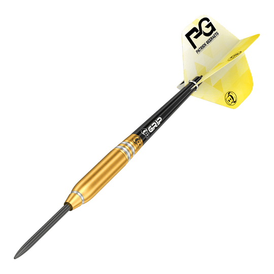 Bulls Patrick Geeraets Steeldarts - 23g Das Bild zeigt einen Bulls Patrick Geeraets Steeldart mit einem Gewicht von 23 Gramm. Der Dartpfeil hat einen goldfarbenen Barrel und gelbe Flights.