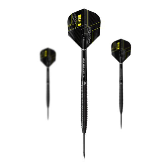 Fléchettes en acier Harrows NX90 Black Edition à pointe rapide conique Abgebildet sind die Harrows NX90 Black Edition Tapered Quick Point Steeldarts als Set. Das Bild zeigt die Zusammenstellung der Darts.