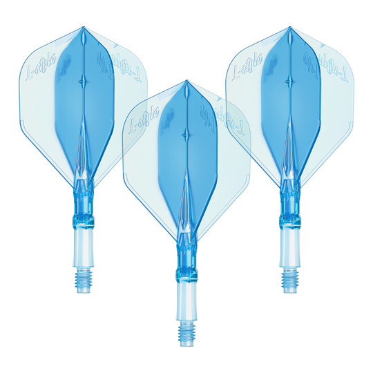 Vols L-L-Style-System - Bleu clair Dieses Bild zeigt ein Set von L-Style L-System Flights in klarer blauer Farbe, Größe Small. Es ist ein Zubehörteil für Dartpfeile.