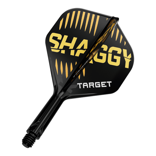 Système de flèche standard Target K-Flex Scott Williams n° 2 Das Bild zeigt eine schwarze Dartflügel mit gelben und weißen Aufschriften. Auf dem Flügel stehen die Worte "SHAGGY" und "TARGET".