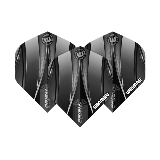 Das Bild zeigt drei schwarze Dart-Flights der Marke Winmau mit dem Namen "Alpha Sniper". Die Flights haben ein modernes, glänzendes Design mit silbernen und weißen Akzenten.