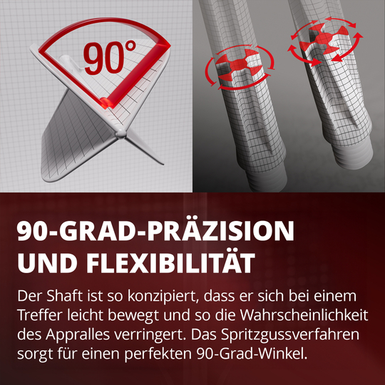 Système de tige de vol standard Target K-Flex Josh Rock n° 2 Das Bild zeigt eine Grafik mit einem 90-Grad-Winkel und einer flexiblen Bewegung von zwei Schäften. Darunter steht ein Text, der die Präzision und Flexibilität des Designs beschreibt.