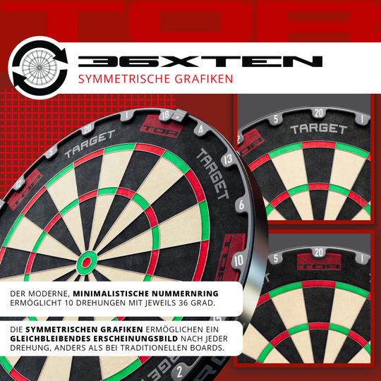 Target de fléchettes en acier Target TOR Das Bild zeigt das Produkt "Target TOR Steeldartboard" mit modernem, minimalistischem Nummernring. Die symmetrischen Grafiken sorgen für ein gleichbleibendes Erscheinungsbild nach jeder Drehung.