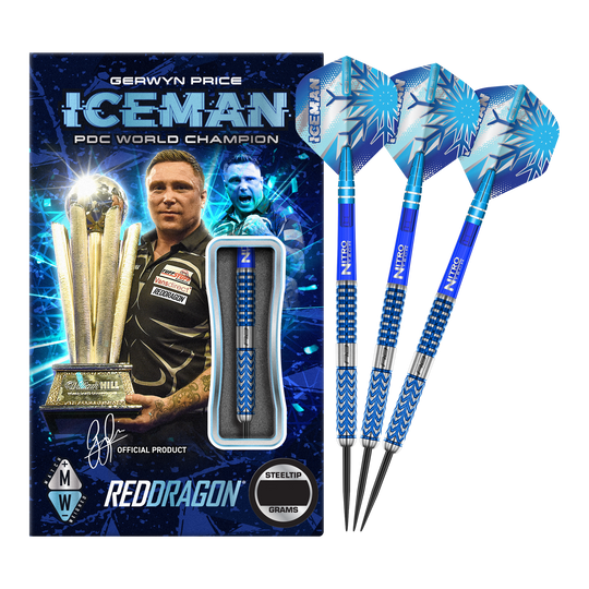 Fléchettes en acier Red Dragon Gerwyn Price Glacier Das Bild zeigt das Produkt "Red Dragon Gerwyn Price Glacier Steeldarts" in einer auffälligen blauen Verpackung mit einem Bild von Gerwyn Price und einer Trophäe. Rechts daneben sind drei blaue Steeldarts mit dem Namen "ICEMAN" auf den Flights zu sehen.