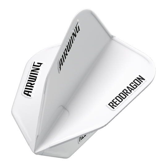 Das Bild zeigt das Produkt "Red Dragon Airwing White V-Standard Flights" in weißer Farbe. Auf den Flights stehen die Aufschriften "AIRWING" und "REDDRAGON".