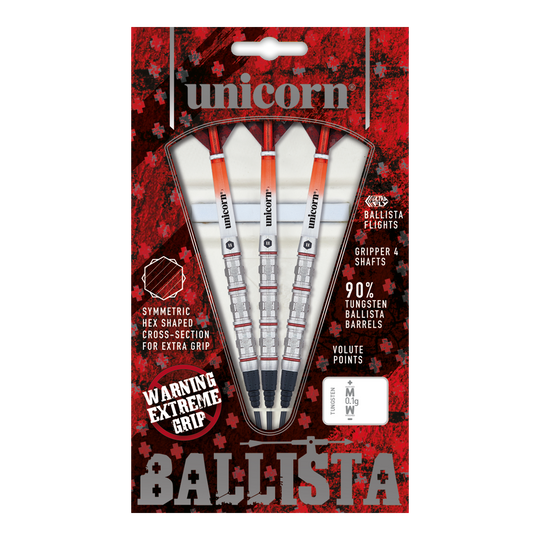 Unicorn Ballista Style 4 fléchettes souples Das Bild zeigt die „Unicorn Ballista Style 4 Softdarts“ in einer rot-schwarzen Verpackung. Drei Softdarts mit auffälliger Griffstruktur und Zubehör sind sichtbar angeordnet.