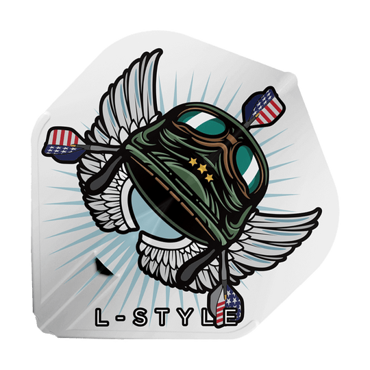 Das Bild zeigt das Produkt "L-Style Leonard Gates V3 White L1EZ Flights". Auf dem Flight ist ein Helm mit Flügeln und amerikanischen Dartpfeilen abgebildet, darunter steht "L-STYLE".