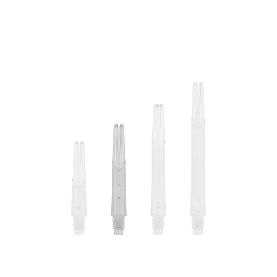 Arbres en L de style L verrouillés droits - Transparent Das Bild zeigt vier transparente, gerade Kunststoffschäfte in unterschiedlichen Längen. Sie sind vermutlich Ersatzteile für Dartpfeile.