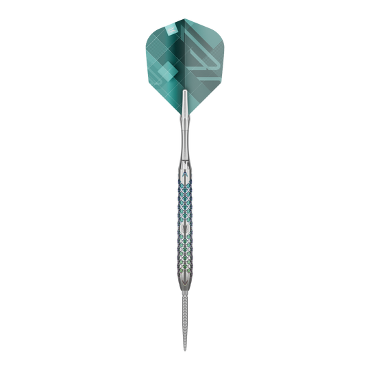 Fléchettes en acier Target Rove 03 Swiss Point Das Bild zeigt einen Target Rove 03 Swiss Point Steeldart. Der Dart hat ein silbernes Metallgehäuse mit blauen Akzenten und eine grüne Flight.