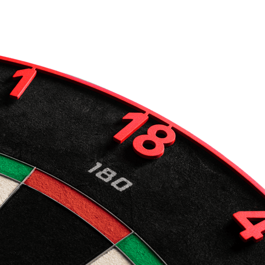 Cible de fléchettes Precise 180 Endorphine en acier avec anneau numéroté - Rouge Inferno Dieses Bild zeigt das Precise 180 Endorphine Steeldartboard mit Nummernring in Inferno Red. Das Dartboard eignet sich ideal für anspruchsvolle Dartspieler.