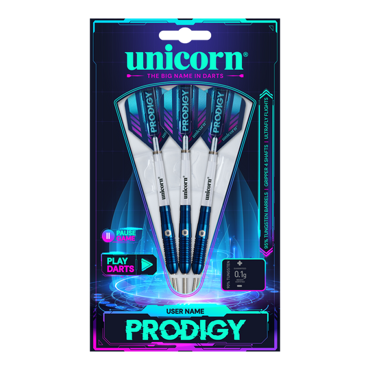 Fléchettes en acier Unicorn Prodigy 02 Torpedo Das Bild zeigt eine Packung mit drei Unicorn Prodigy 02 Torpedo Steeldarts. Die Verpackung ist farbenfroh gestaltet und hebt das Produkt und den Markennamen hervor.