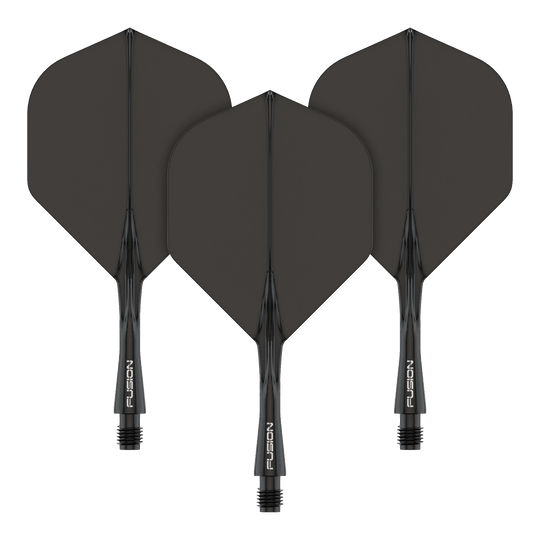 Système d'arbre de vol Winmau Fusion Standard Noir Das Bild zeigt drei schwarze Dartflights mit integrierten Schäften. Auf den Schäften steht das Wort "FUSION" in weißer Schrift.