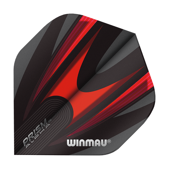 Dies ist ein Winmau Prism Alpha 6915.167 Standard Flight für Darts. Das Flight hat ein auffälliges Design in Schwarz und Rot mit dem Winmau-Logo darauf.