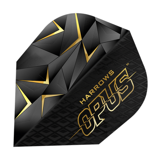 Vols de Harrow's Opus Version 3 Das Bild zeigt ein Harrows Opus Version 3 Flight für Dartpfeile. Das Flight ist schwarz mit goldenen geometrischen Mustern und dem Schriftzug "Harrows Opus".