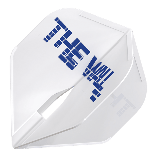 Vols L-Style Martin Schindler Blanc L1PRO Das Bild zeigt einen weißen Dartflight mit der Aufschrift "THE WALL" in blauer Farbe. Es handelt sich um das Produkt "L-Style Martin Schindler Weiß L1PRO Flights".