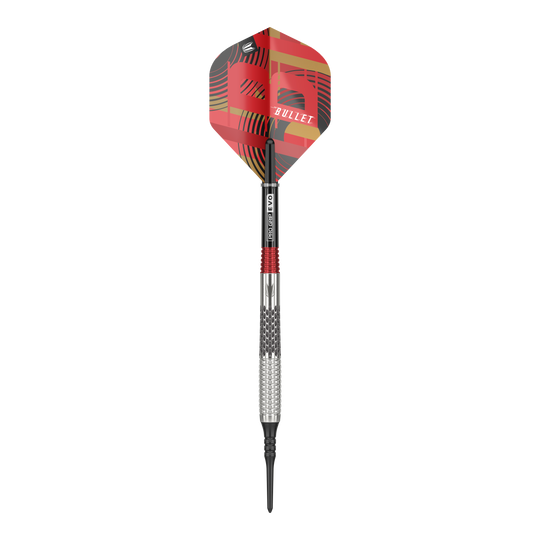 Fléchettes souples Target Stephen Bunting GEN5 - 18 g Auf dem Bild ist ein Softdart der Marke Target Stephen Bunting GEN5 mit einem Gewicht von 18 Gramm zu sehen. Der Dart hat ein auffälliges, rot-schwarzes Design mit der Aufschrift "BULLET" auf dem Flight.