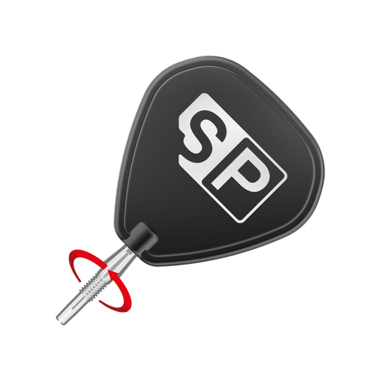 Pointes de fléchettes Target Swiss Storm Diamond Point - Argent Das Bild zeigt eine Dartspitze mit schwarzem SP-Werkzeug zum Einschrauben. Um die Spitze ist ein roter Pfeil zu sehen, der die Drehbewegung anzeigt.