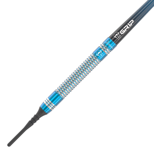 Fléchettes souples Bulls Jermaine Wattimena Génération 3 - 20 g Das Bild zeigt einen Softdart mit silbernen und blauen Rillen. Auf dem Schaft steht „B GRIP“ und der Dart wirkt hochwertig verarbeitet.