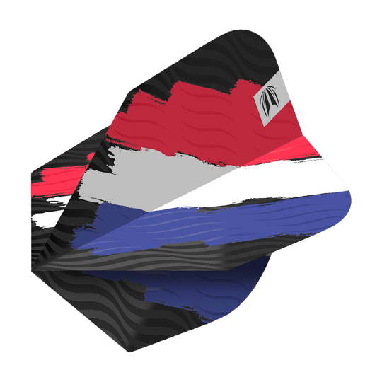 Dies ist ein Dart-Flight mit dem Design der niederländischen Flagge in Rot, Weiß und Blau. Das Modell heißt "Target ProUltra Flag Holland No6 Flights".