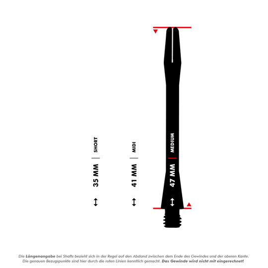 HR366_Harrows_Keramic_Shafts_5_47mmiPhmTdPXKeuFG Das Bild zeigt die Längen der Harrows Keramic Shafts in Weiß in den drei Varianten Short (35 mm), Midi (41 mm) und Medium (47 mm). Die Längen werden jeweils zwischen dem Ende des Gewindes und der oberen Kante gemessen.