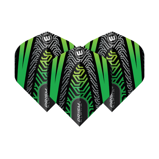 Vols standard Winmau Prism Alpha Noir Vert n° 2 Das Bild zeigt drei Dartflights des Modells "Winmau Prism Alpha Schwarz Grün No2 Standard". Die Flights haben ein auffälliges, modernes Design in Schwarz, Grün und silbernen Linienmustern.