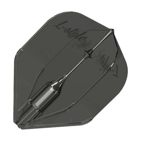 Ailettes L-Style Fantom L3EZ transparentes et noires Dies ist ein L-Style Fantom L3EZ Flight in klar-schwarzer Farbe. Das Flight hat eine glatte, transparente Oberfläche mit dem Logo "L-Style" darauf.