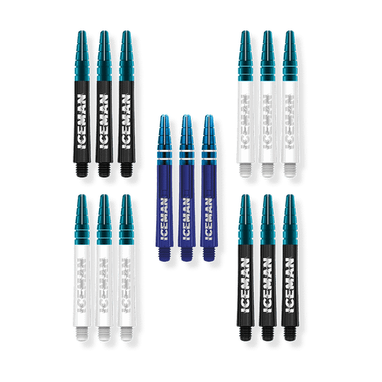 Das Bild zeigt eine Sammlung von Dartschäften in verschiedenen Farben mit der Aufschrift "ICEMAN". Die Schäfte gehören zur Red Dragon Gerwyn Price Iceman Shaft Collection in der Größe Medium.