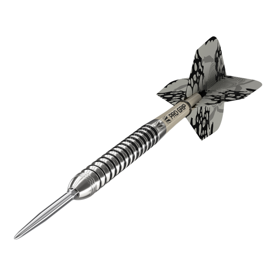 Fléchettes en acier Target EXO SP01 Swiss Point Dies ist ein Target EXO SP01 Swiss Point Steeldart. Der Dartpfeil hat ein silbernes, gerilltes Barrel und schwarze Flights mit Muster.