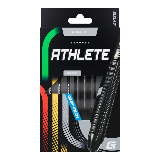 Fléchettes en acier GOAT Athlete en laiton noir - 13 g Die Abbildung zeigt die Verpackung der GOAT Athlete Black Brass Steeldarts mit einem Gewicht von 13g. Die Darts haben eine schwarze, geriffelte Oberfläche und sind für Präzision und Haltbarkeit ausgelegt.