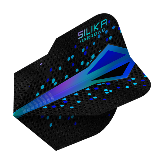 Revêtement cristallin résistant Harrows Silika Colourshift Bleu n° 6 Das Bild zeigt ein Dartflight mit dem Namen "Harrows Silika Colourshift Tough Crystalline Coating Blue No6". Das Flight ist überwiegend schwarz mit einem blauen, schimmernden Muster und sechseckigen Akzenten.