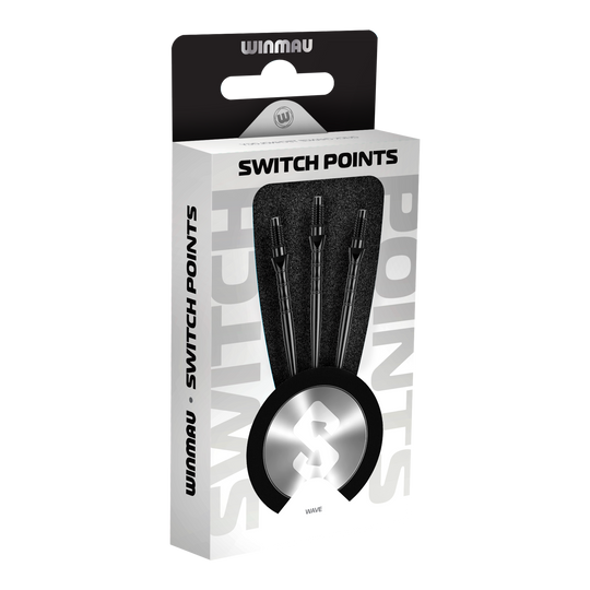 Zu sehen sind die Winmau Switch Point Wave Steeldartspitzen in Schwarz. Diese Steeldartspitzen eignen sich optimal für ein präzises Dartspiel.