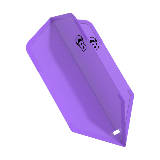 Das Bild zeigt ein lilafarbenes Dartflight namens "Bulls DragonFlights Slim". Es hat eine schlanke Form und das schwarze "B" Logo ist sichtbar.
