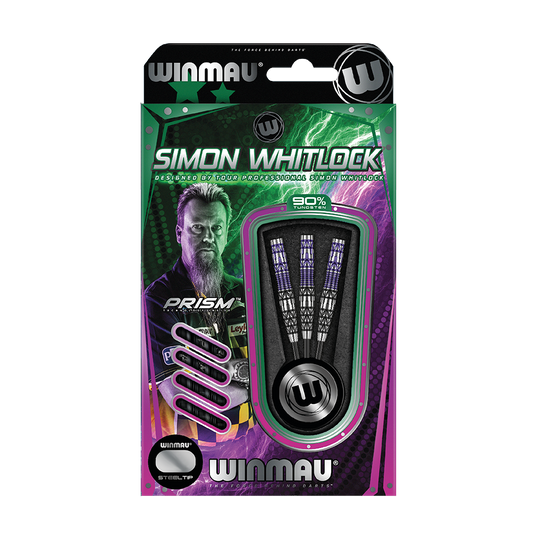 Fléchettes en acier Winmau Simon Whitlock Édition Spéciale 2020 Die Abbildung zeigt das Produkt „Winmau Simon Whitlock Special Edition 2020 Steeldarts“ in der Originalverpackung. Auf der Verpackung sind drei Steeldarts und ein Bild von Simon Whitlock zu sehen.