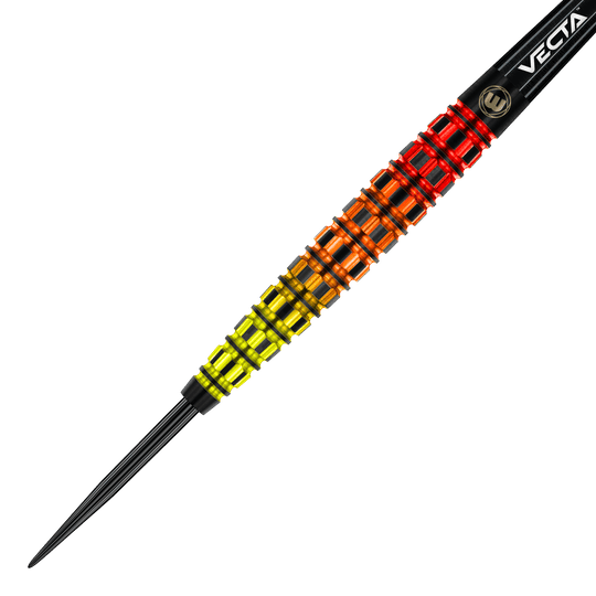 Fléchettes coniques en acier Winmau Firestorm Flame Das Bild zeigt einen Winmau Firestorm Flame Tapered Steeldart. Der Dart hat ein auffälliges Design mit leuchtenden Farben von Gelb über Orange bis Rot.