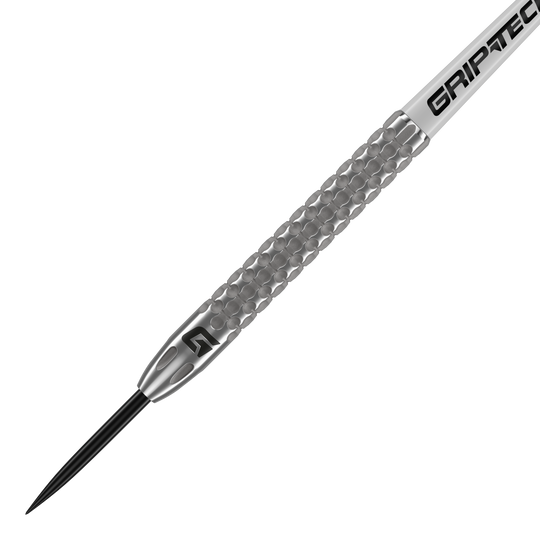 Fléchettes GOAT Fairway V2 en acier tungstène Dies ist ein GOAT Fairway V2 Tungsten Steeldart. Er hat eine silberne, strukturierte Oberfläche mit dem Schriftzug "GRIPTEC" auf dem Schaft.