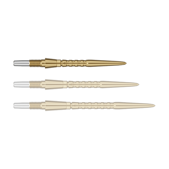 Pointes de fléchettes en acier Target Swiss Point Storm Surge - or Auf dem Bild sind drei goldfarbene Dartspitzen zu sehen. Sie liegen nebeneinander auf grünem Hintergrund.