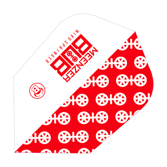 Vols Bulls X-Powerflite Niko Springer XXL B-Standard Das Bild zeigt ein Dartflight-Produkt mit dem Namen "Bulls X-Powerflite Niko Springer XXL B-Standard Flights". Das Design ist rot-weiß und trägt auffällige Logos und Muster.