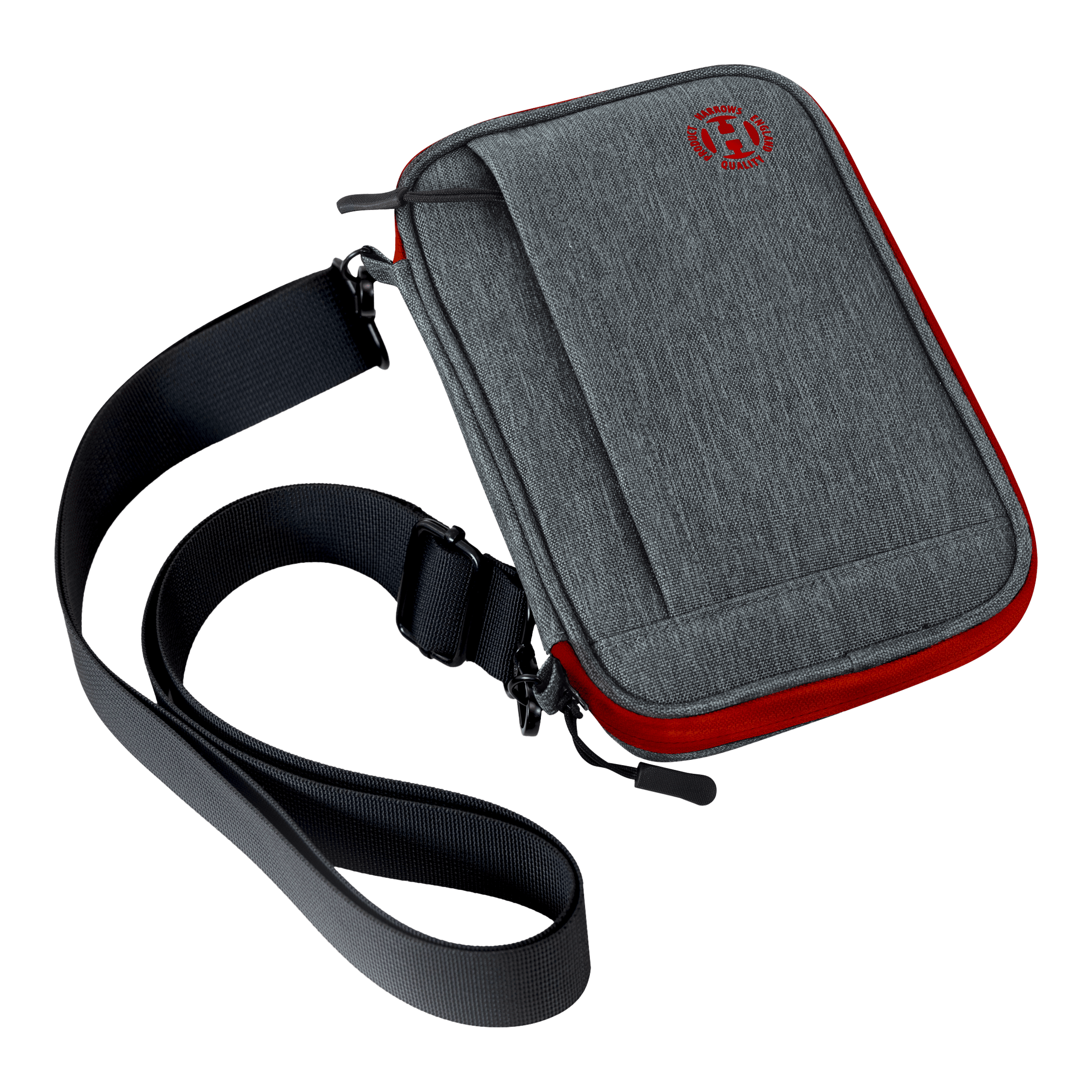 Portefeuille à fléchettes Harrows Smart Case XL Das Bild zeigt eine graue Darttasche mit roten Akzenten und einem schwarzen Schultergurt. Auf der Vorderseite ist ein rundes rotes Logo sichtbar.
