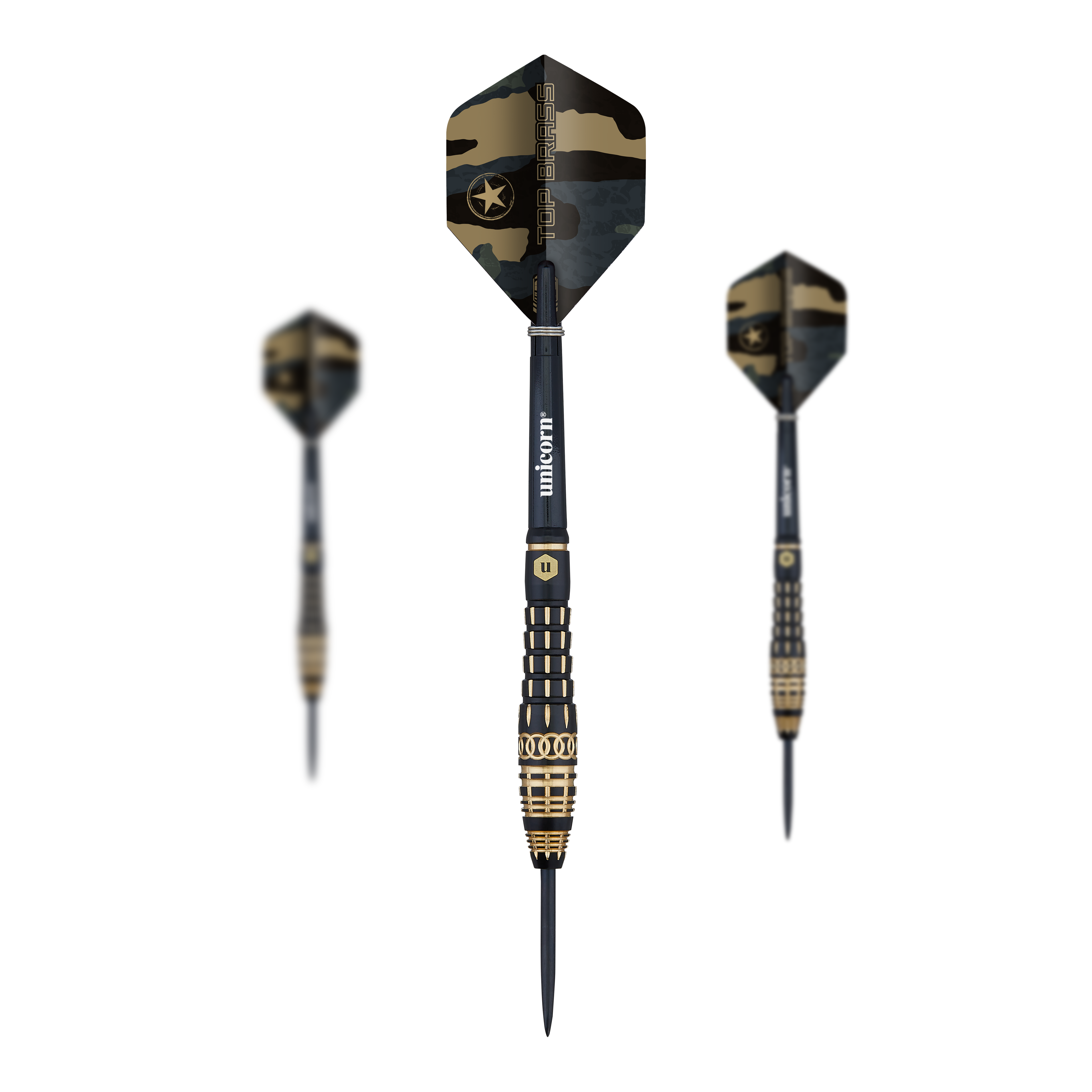 Fléchettes en acier Unicorn Top Brass V4 - 20 g Das Bild zeigt den Dartpfeil „Unicorn Top Brass V4 Steeldarts - 20g“. Der Pfeil hat eine schwarze und goldene Farbe sowie ein Tarnmuster auf dem Flight.