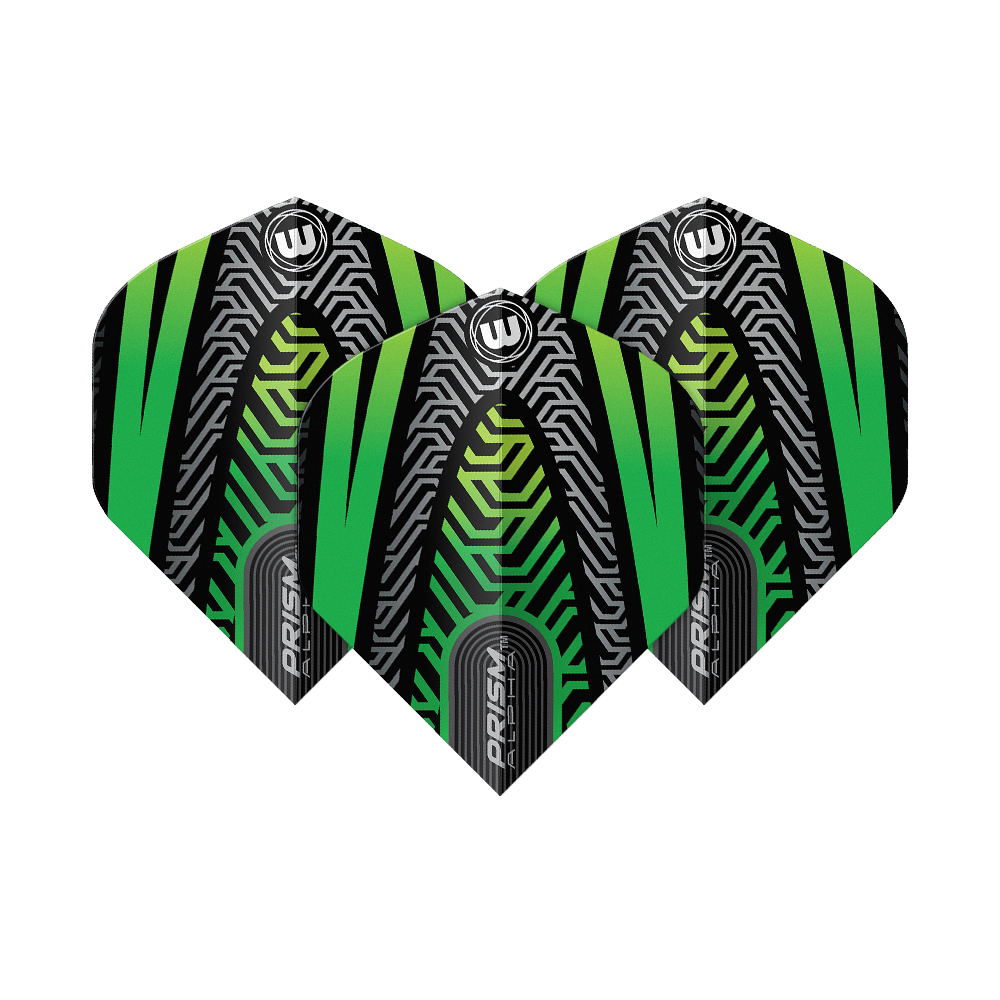 Vols standard Winmau Prism Alpha Noir Vert n° 2 Das Bild zeigt drei Dartflights des Modells "Winmau Prism Alpha Schwarz Grün No2 Standard". Die Flights haben ein auffälliges, modernes Design in Schwarz, Grün und silbernen Linienmustern.