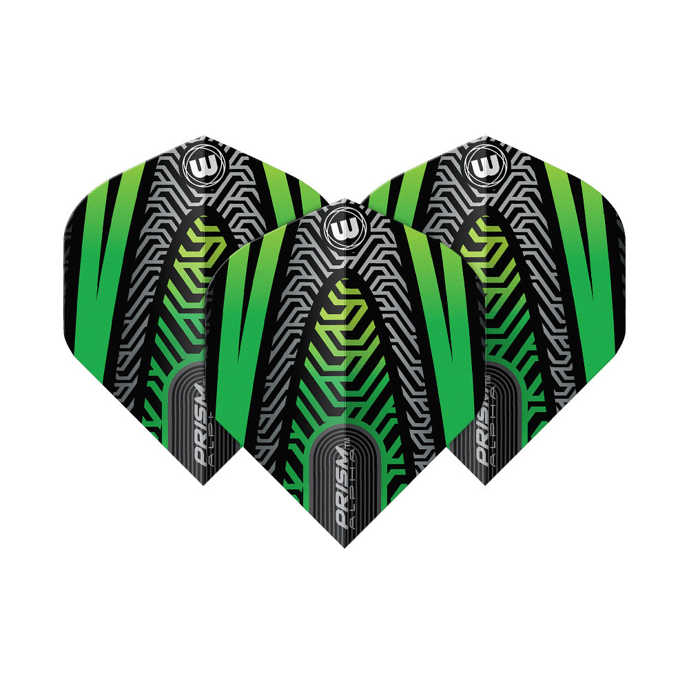 Vols standard Winmau Prism Alpha Noir Vert n° 2 Winmau Prism Alpha Schwarz No2 Standard Flights sind als Set abgebildet. Das Muster ist auffällig und modern.