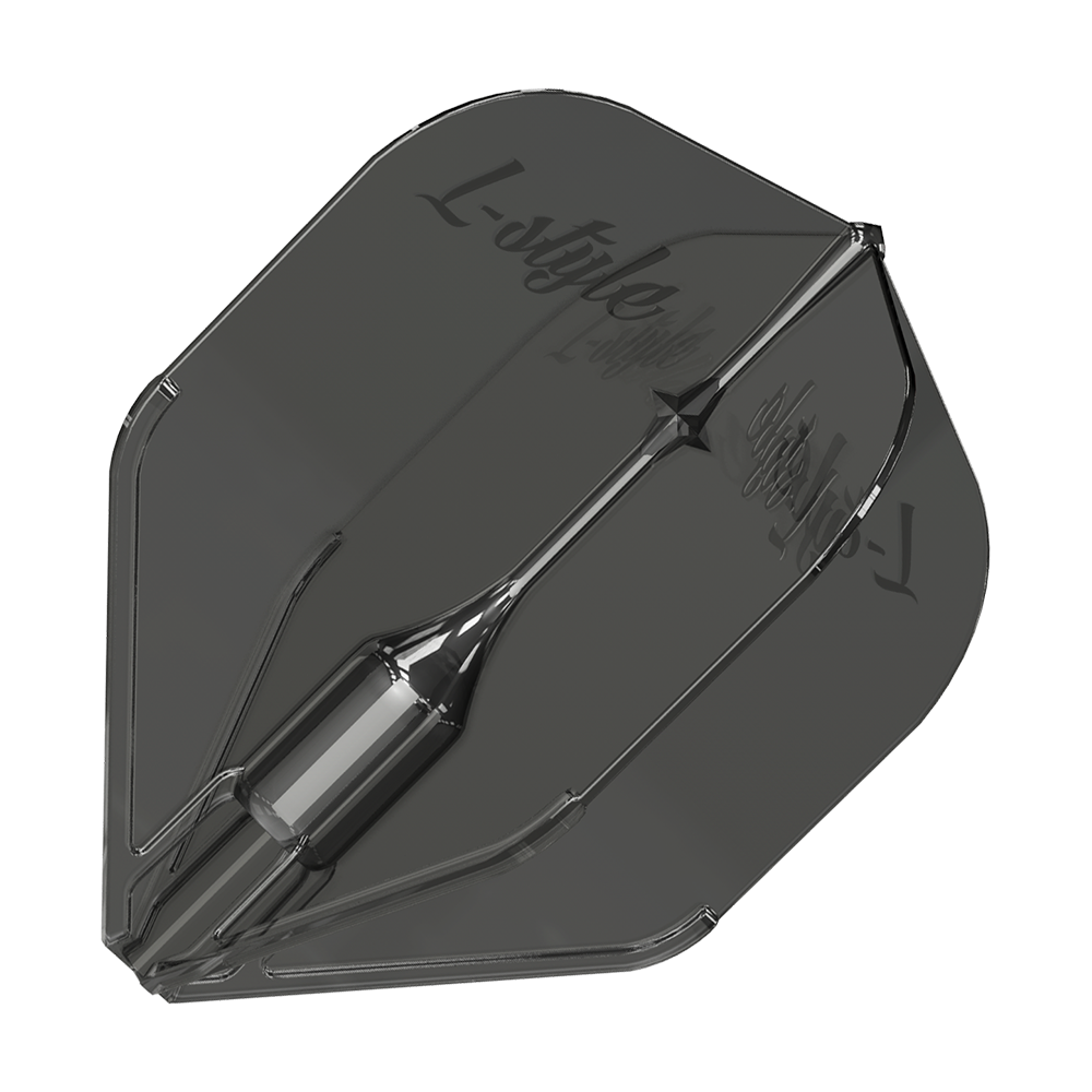 Ailettes L-Style Fantom L3EZ transparentes et noires Dies ist ein L-Style Fantom L3EZ Flight in klar-schwarzer Farbe. Das Flight hat eine glatte, transparente Oberfläche mit dem Logo "L-Style" darauf.