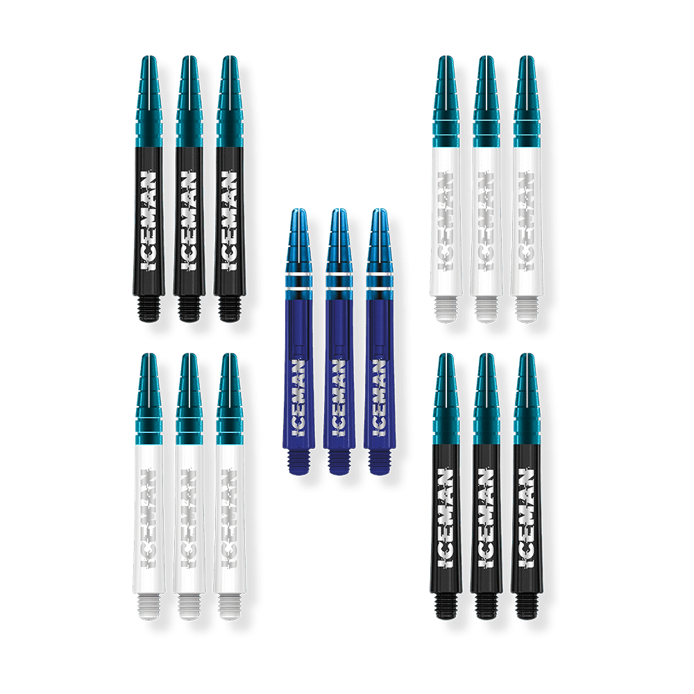 Das Bild zeigt eine Sammlung von Dartschäften in verschiedenen Farben mit der Aufschrift "ICEMAN". Die Schäfte gehören zur Red Dragon Gerwyn Price Iceman Shaft Collection in der Größe Medium.