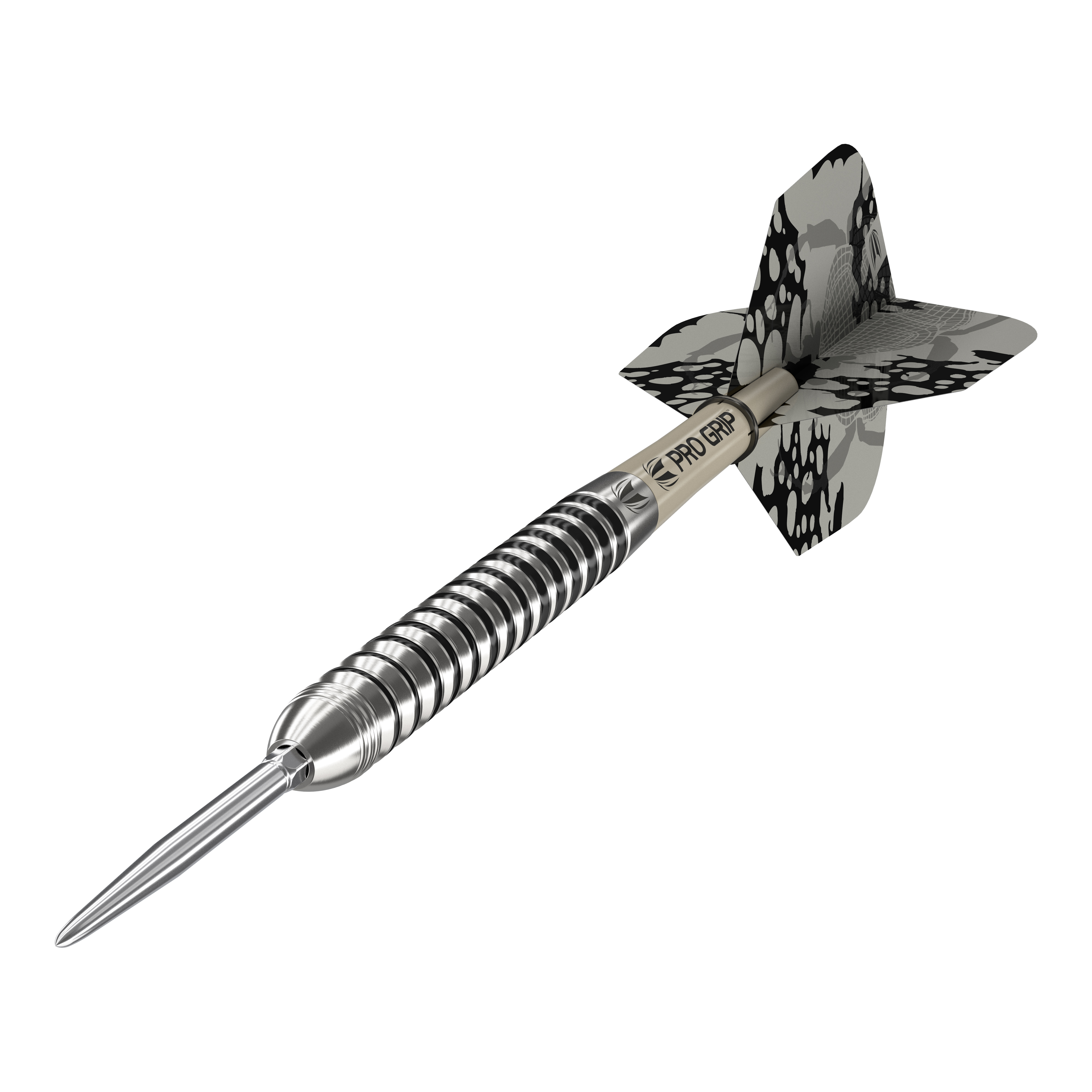 Fléchettes en acier Target EXO SP01 Swiss Point Dies ist ein Target EXO SP01 Swiss Point Steeldart. Der Dartpfeil hat ein silbernes, gerilltes Barrel und schwarze Flights mit Muster.