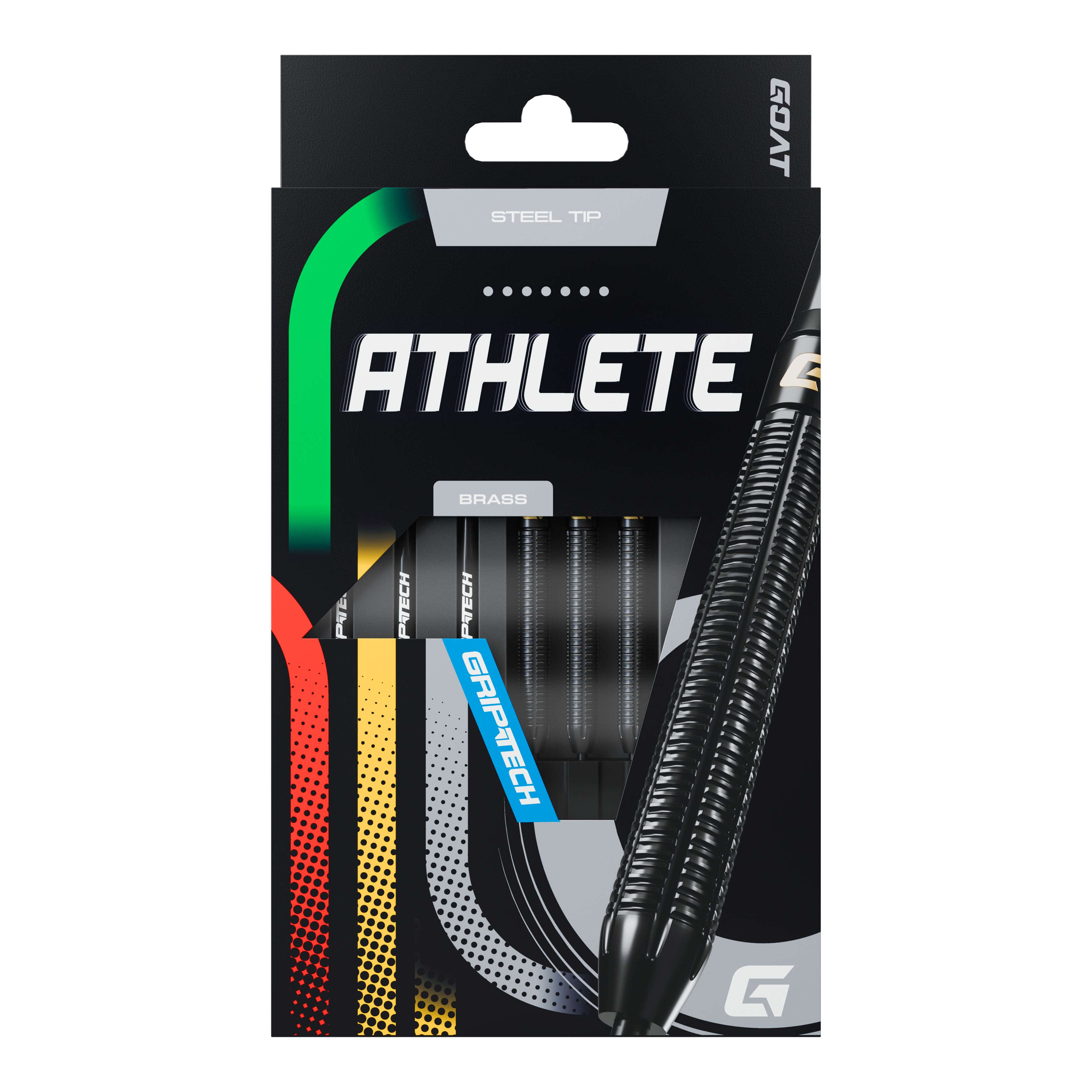 Fléchettes en acier GOAT Athlete en laiton noir - 13 g Die Abbildung zeigt die Verpackung der GOAT Athlete Black Brass Steeldarts mit einem Gewicht von 13g. Die Darts haben eine schwarze, geriffelte Oberfläche und sind für Präzision und Haltbarkeit ausgelegt.