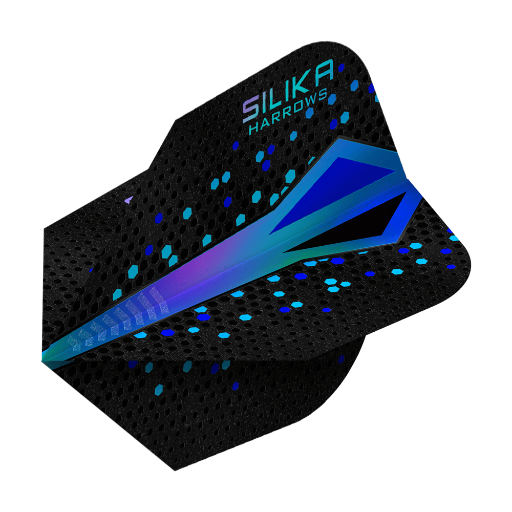 Revêtement cristallin résistant Harrows Silika Colourshift Bleu n° 6 Das Bild zeigt ein Dartflight mit dem Namen "Harrows Silika Colourshift Tough Crystalline Coating Blue No6". Das Flight ist überwiegend schwarz mit einem blauen, schimmernden Muster und sechseckigen Akzenten.