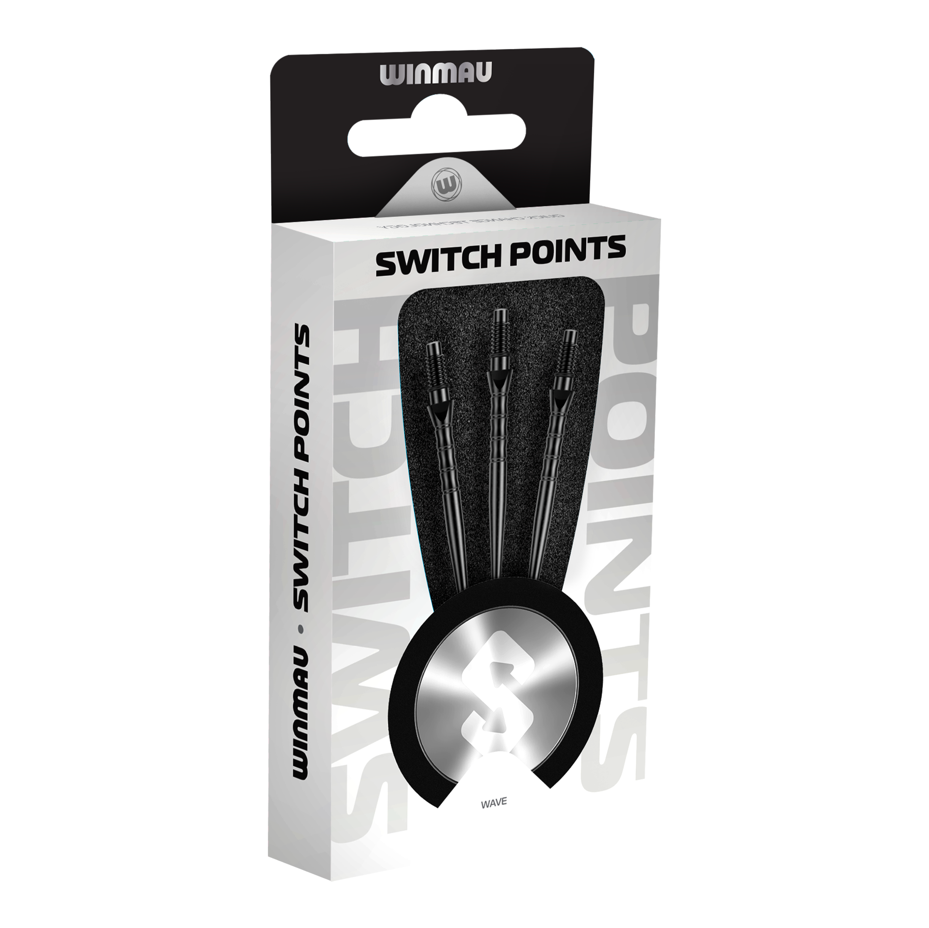 Zu sehen sind die Winmau Switch Point Wave Steeldartspitzen in Schwarz. Diese Steeldartspitzen eignen sich optimal für ein präzises Dartspiel.